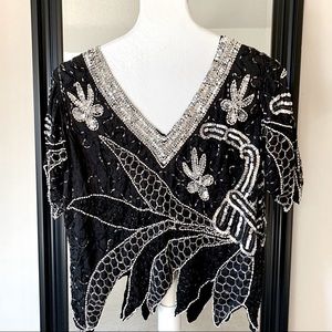 Vintage Hand Stitched Black Sequin Beaded Silk Top